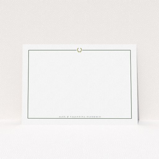 A couples personalised note card design named "Greco border". It is an A5 card in a landscape orientation. "Greco border" is available as a flat card, with tones of white and Gold.