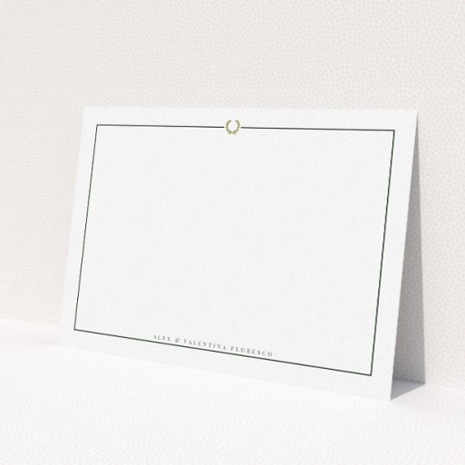 A couples personalised note card design named 'Greco border'. It is an A5 card in a landscape orientation. 'Greco border' is available as a flat card, with tones of white and Gold.