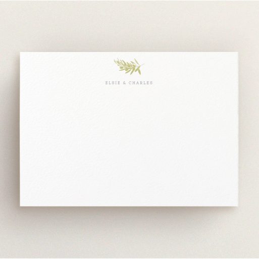 Personalised Note Card Design (Couples) - "Green olives" A couples personalised note card design called "Green olives". It is an A5 card in a landscape orientation. "Green olives" is available as a flat card, with tones of white and gold.