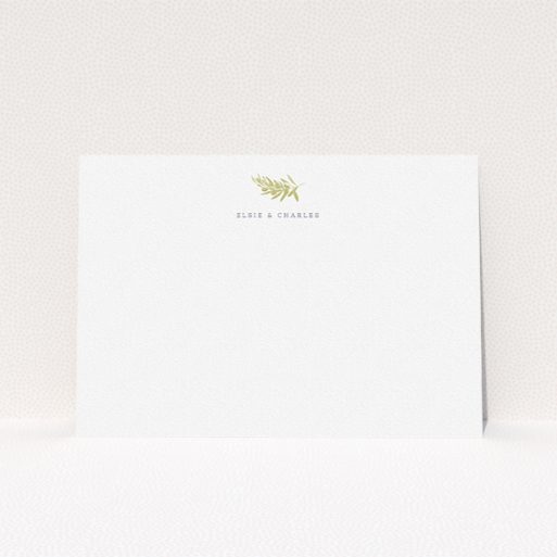 A couples personalised note card design called "Green olives". It is an A5 card in a landscape orientation. "Green olives" is available as a flat card, with tones of white and gold.
