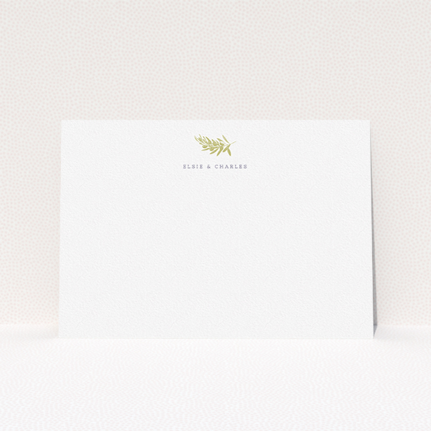 A couples personalised note card design called "Green olives". It is an A5 card in a landscape orientation. "Green olives" is available as a flat card, with tones of white and gold.