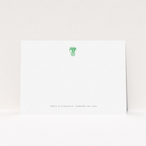 A couples personalised note card design titled "Impossible elephant". It is an A6 card in a landscape orientation. "Impossible elephant" is available as a flat card, with tones of white and green.