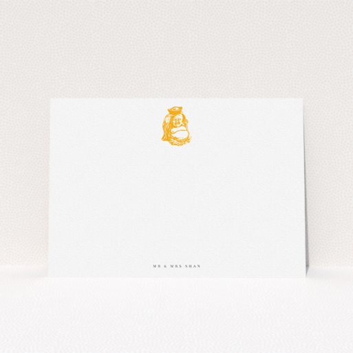 A couples personalised note card design called "Inner peace". It is an A5 card in a landscape orientation. "Inner peace" is available as a flat card, with tones of white and orange.