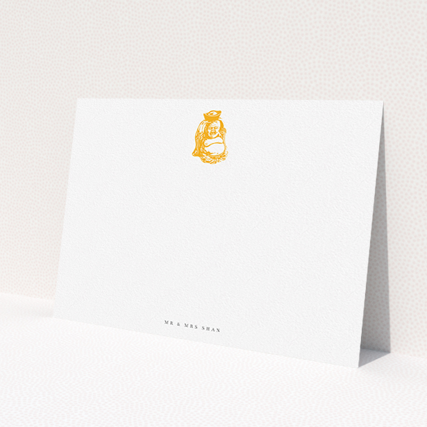 A couples personalised note card design called 'Inner peace'. It is an A5 card in a landscape orientation. 'Inner peace' is available as a flat card, with tones of white and orange.