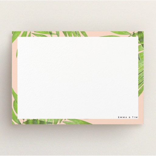 Personalised Note Card Design (Couples) - "Into the courtyard" A couples personalised note card design titled "Into the courtyard". It is an A5 card in a landscape orientation. "Into the courtyard" is available as a flat card, with tones of green and pink.