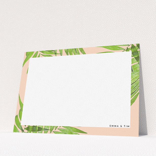 A couples personalised note card design titled "Into the courtyard". It is an A5 card in a landscape orientation. "Into the courtyard" is available as a flat card, with tones of green and pink.