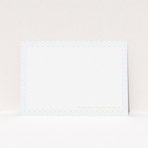 A couples personalised note card template titled "Isotropic boxes ". It is an A5 card in a landscape orientation. "Isotropic boxes " is available as a flat card, with tones of blue and white.