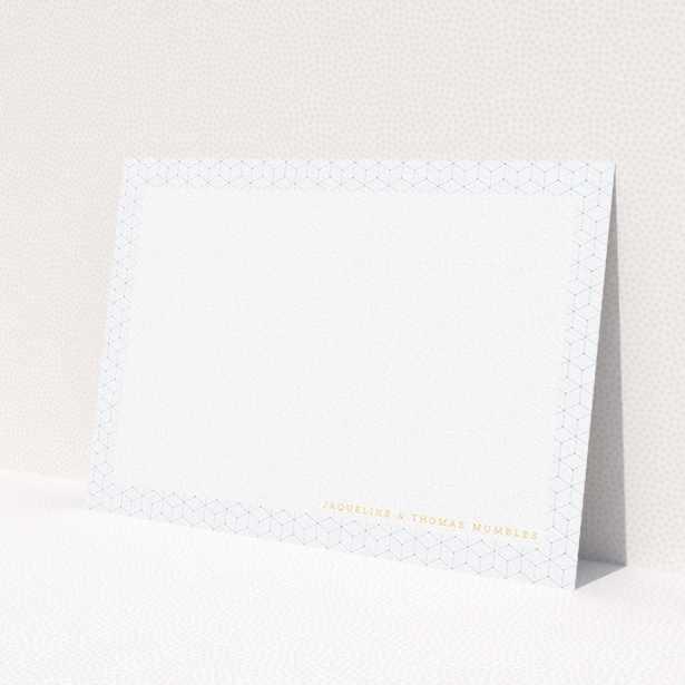 A couples personalised note card template titled "Isotropic boxes ". It is an A5 card in a landscape orientation. "Isotropic boxes " is available as a flat card, with tones of blue and white.