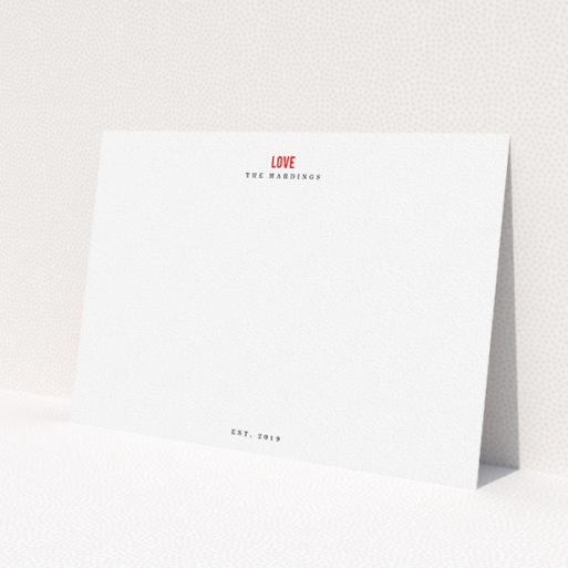 A couples personalised note card design named 'Love'. It is an A5 card in a landscape orientation. 'Love' is available as a flat card, with tones of white and red.