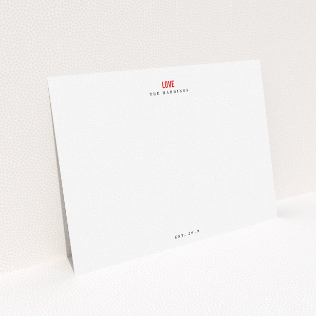 A couples personalised note card design named "Love". It is an A5 card in a landscape orientation. "Love" is available as a flat card, with tones of white and red.