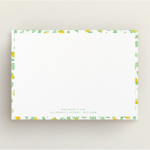 Personalised Note Card Design (Couples) - "Madeira" A couples personalised note card called "Madeira". It is an A5 card in a landscape orientation. "Madeira" is available as a flat card, with tones of green and yellow.