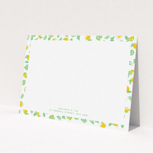 A couples personalised note card called 'Madeira'. It is an A5 card in a landscape orientation. 'Madeira' is available as a flat card, with tones of green and yellow.