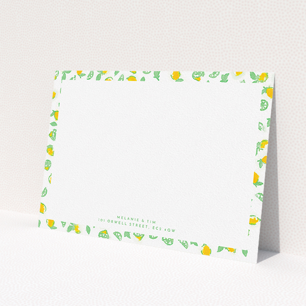 A couples personalised note card called "Madeira". It is an A5 card in a landscape orientation. "Madeira" is available as a flat card, with tones of green and yellow.