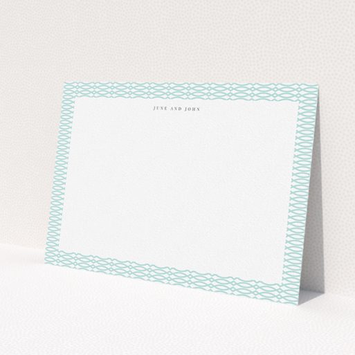 A couples personalised note card design called 'Mint connected'. It is an A5 card in a landscape orientation. 'Mint connected' is available as a flat card, with tones of blue and white.