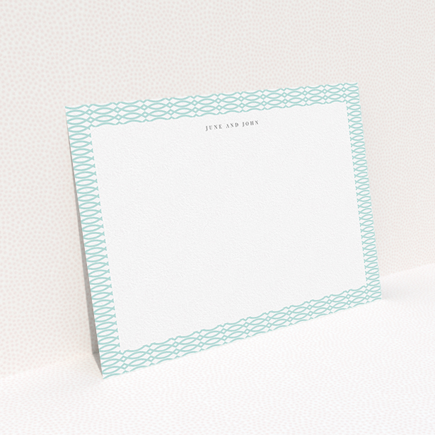 A couples personalised note card design called "Mint connected". It is an A5 card in a landscape orientation. "Mint connected" is available as a flat card, with tones of blue and white.