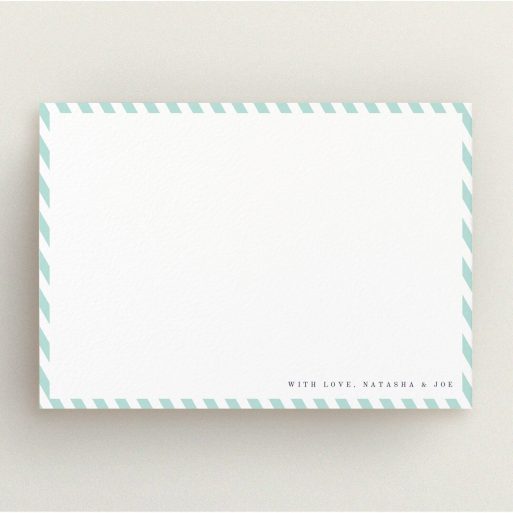 Personalised Note Card Design (Couples) - "Mint Diagonals" A couples personalised note card named "Mint Diagonals". It is an A5 card in a landscape orientation. "Mint Diagonals" is available as a flat card, with tones of green and white.