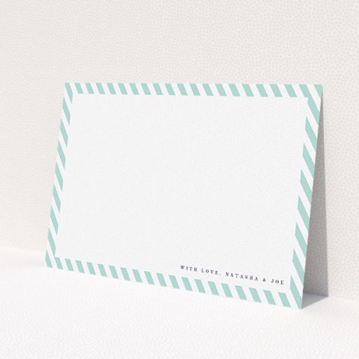 A couples personalised note card named 'Mint Diagonals'. It is an A5 card in a landscape orientation. 'Mint Diagonals' is available as a flat card, with tones of green and white.