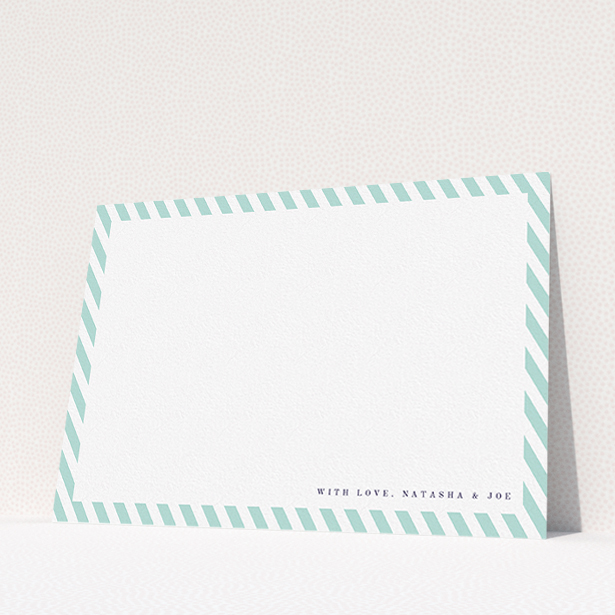A couples personalised note card named "Mint Diagonals". It is an A5 card in a landscape orientation. "Mint Diagonals" is available as a flat card, with tones of green and white.