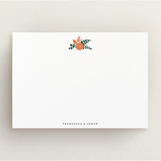 Personalised Note Card Design (Couples) - "Modern flowers" A couples personalised note card design named "Modern flowers". It is an A5 card in a landscape orientation. "Modern flowers" is available as a flat card, with tones of white and green.