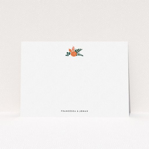 A couples personalised note card design named "Modern flowers". It is an A5 card in a landscape orientation. "Modern flowers" is available as a flat card, with tones of white and green.