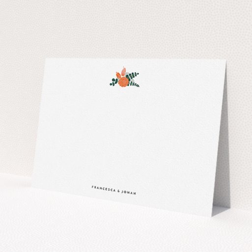 A couples personalised note card design named 'Modern flowers'. It is an A5 card in a landscape orientation. 'Modern flowers' is available as a flat card, with tones of white and green.