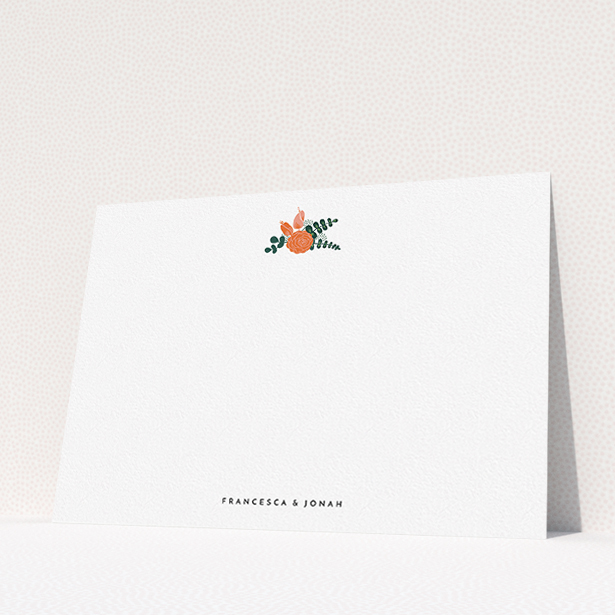 A couples personalised note card design named "Modern flowers". It is an A5 card in a landscape orientation. "Modern flowers" is available as a flat card, with tones of white and green.