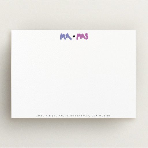 Personalised Note Card Design (Couples) - "Mr and Mrs" A couples personalised note card template titled "Mr and Mrs". It is an A5 card in a landscape orientation. "Mr and Mrs" is available as a flat card, with tones of white and blue.