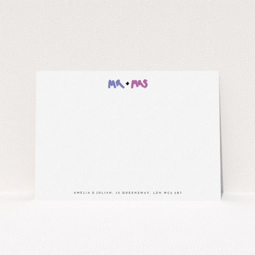 A couples personalised note card template titled "Mr and Mrs". It is an A5 card in a landscape orientation. "Mr and Mrs" is available as a flat card, with tones of white and blue.