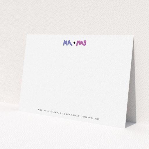 A couples personalised note card template titled 'Mr and Mrs'. It is an A5 card in a landscape orientation. 'Mr and Mrs' is available as a flat card, with tones of white and blue.