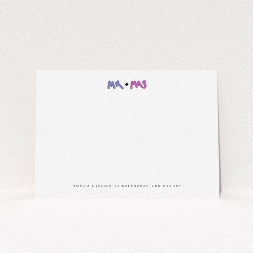 A couples personalised note card called "Mr and Mrs". It is an A6 card in a landscape orientation. "Mr and Mrs" is available as a flat card, with tones of white and blue.