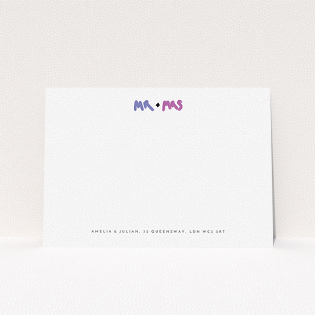 A couples personalised note card called "Mr and Mrs". It is an A6 card in a landscape orientation. "Mr and Mrs" is available as a flat card, with tones of white and blue.