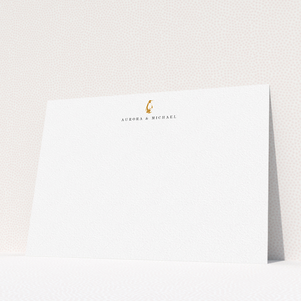 A couples personalised note card called "One little penguin". It is an A5 card in a landscape orientation. "One little penguin" is available as a flat card, with tones of white and Dark orange.