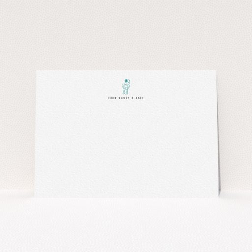A couples personalised note card named "One small step". It is an A6 card in a landscape orientation. "One small step" is available as a flat card, with tones of white and blue.