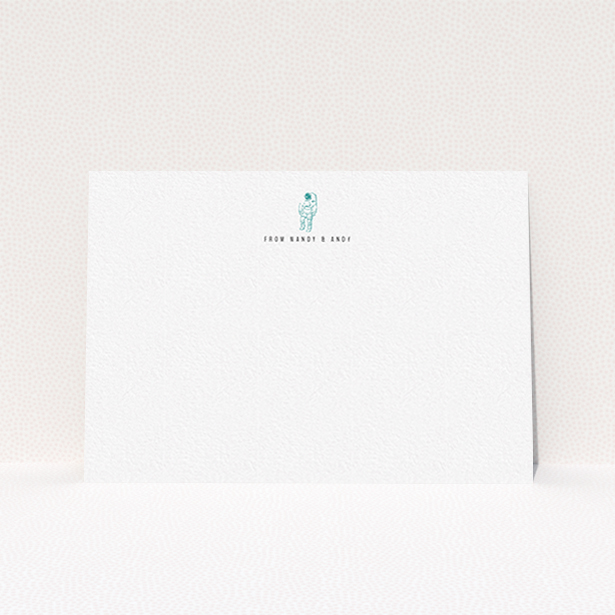 A couples personalised note card named "One small step". It is an A6 card in a landscape orientation. "One small step" is available as a flat card, with tones of white and blue.