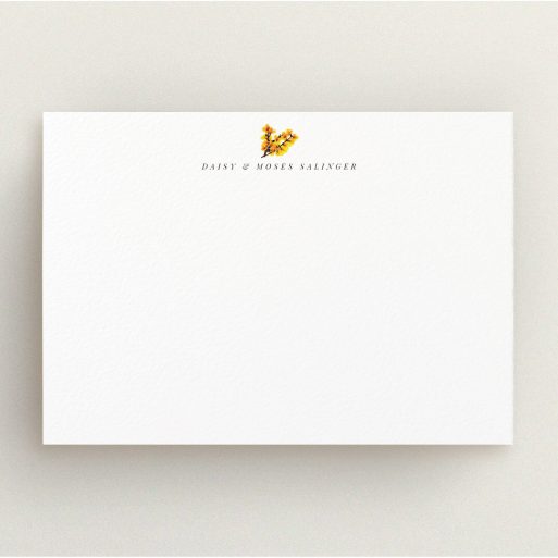 Personalised Note Card Design (Couples) - "Orange blossom" A couples personalised note card design named "Orange blossom". It is an A5 card in a landscape orientation. "Orange blossom" is available as a flat card, with tones of white and orange.