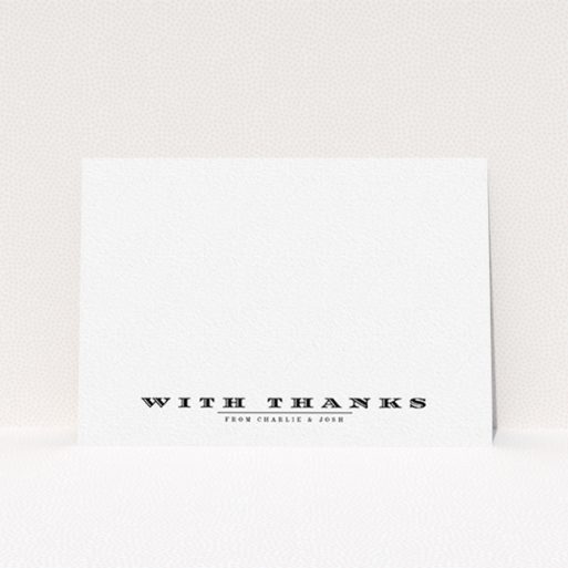 A couples personalised note card design called "Overwritten". It is an A6 card in a landscape orientation. "Overwritten" is available as a flat card, with mainly white colouring.