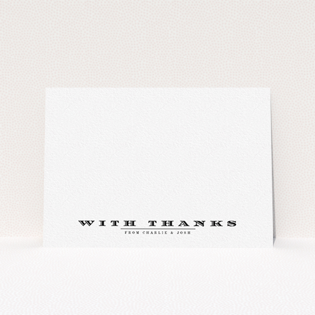 A couples personalised note card design called "Overwritten". It is an A6 card in a landscape orientation. "Overwritten" is available as a flat card, with mainly white colouring.