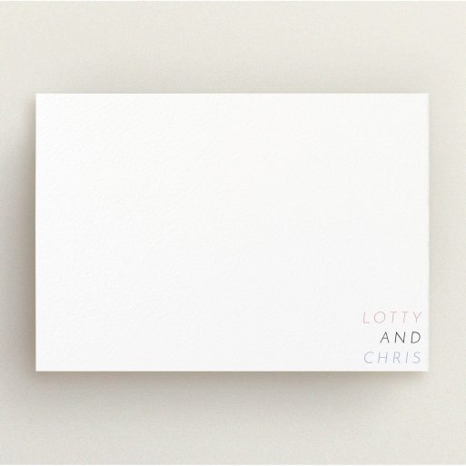 Personalised Note Card Design (Couples) - "Pink and blue" A couples personalised note card design called "Pink and blue". It is an A5 card in a landscape orientation. "Pink and blue" is available as a flat card, with tones of white and blue.