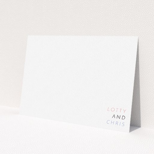 A couples personalised note card design called 'Pink and blue'. It is an A5 card in a landscape orientation. 'Pink and blue' is available as a flat card, with tones of white and blue.