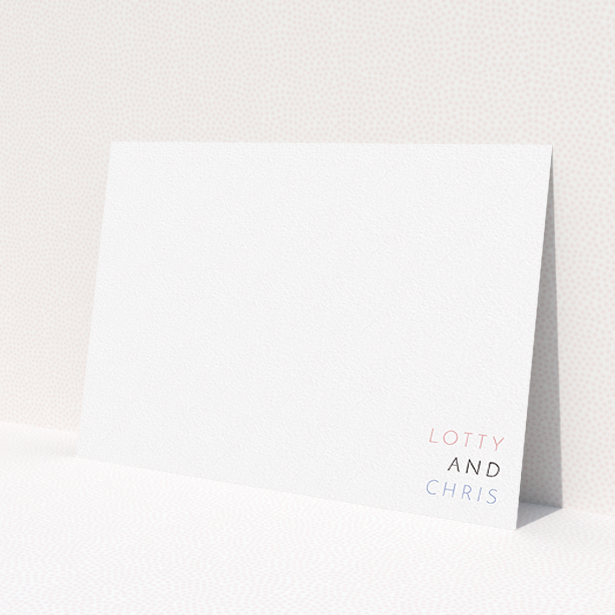 A couples personalised note card design called "Pink and blue". It is an A5 card in a landscape orientation. "Pink and blue" is available as a flat card, with tones of white and blue.