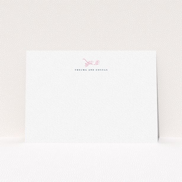 A couples personalised note card called "Pink Blossom". It is an A6 card in a landscape orientation. "Pink Blossom" is available as a flat card, with tones of white and pink.