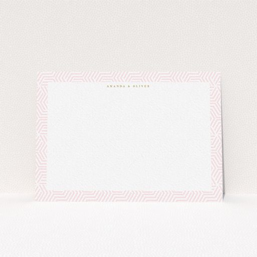 A couples personalised note card named "Pink corners". It is an A6 card in a landscape orientation. "Pink corners" is available as a flat card, with tones of pink and white.