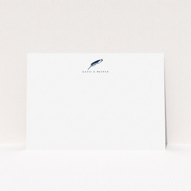 A couples personalised note card called "Remember the pen". It is an A5 card in a landscape orientation. "Remember the pen" is available as a flat card, with tones of white and blue.