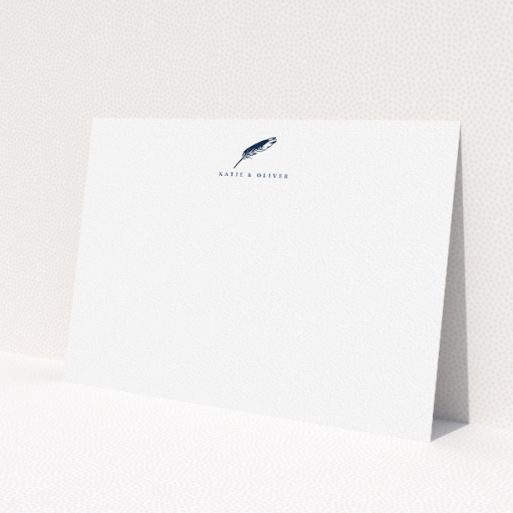 A couples personalised note card called 'Remember the pen'. It is an A5 card in a landscape orientation. 'Remember the pen' is available as a flat card, with tones of white and blue.