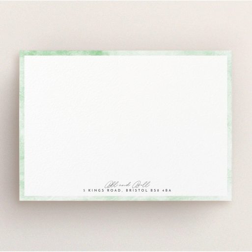 Personalised Note Card Design (Couples) - "Rustic Green" A couples personalised note card named "Rustic Green". It is an A5 card in a landscape orientation. "Rustic Green" is available as a flat card, with tones of green and white.