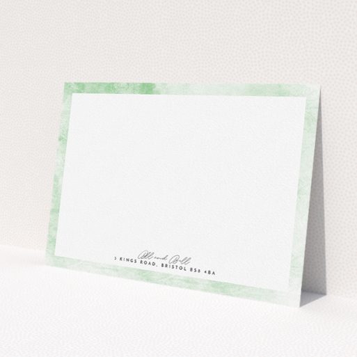 A couples personalised note card named 'Rustic Green'. It is an A5 card in a landscape orientation. 'Rustic Green' is available as a flat card, with tones of green and white.