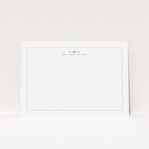 A couples personalised note card template titled "Saint Valentine". It is an A5 card in a landscape orientation. "Saint Valentine" is available as a flat card, with tones of white and red.