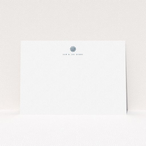 A couples personalised note card design titled "Shaded sundial". It is an A5 card in a landscape orientation. "Shaded sundial" is available as a flat card, with tones of white and Navy blue.