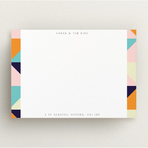 Personalised Note Card Design (Couples) - "Sloane Squares" A couples personalised note card design called "Sloane Squares". It is an A5 card in a landscape orientation. "Sloane Squares" is available as a flat card, with mainly orange colouring.