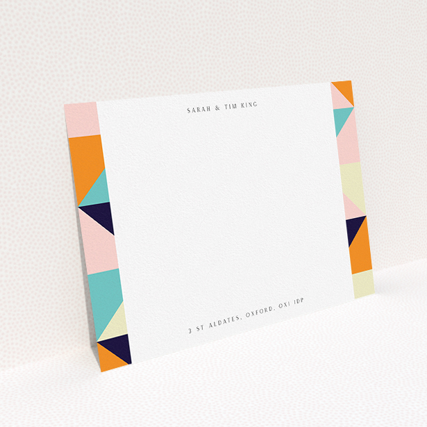 A couples personalised note card design called "Sloane Squares". It is an A5 card in a landscape orientation. "Sloane Squares" is available as a flat card, with mainly orange colouring.